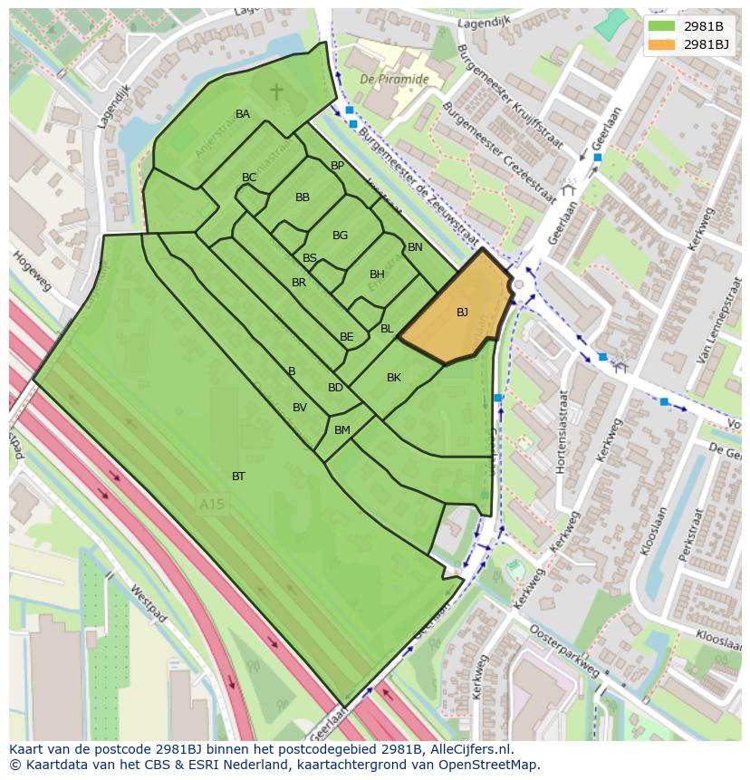 Afbeelding van het postcodegebied 2981 BJ op de kaart.