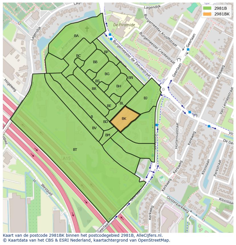 Afbeelding van het postcodegebied 2981 BK op de kaart.