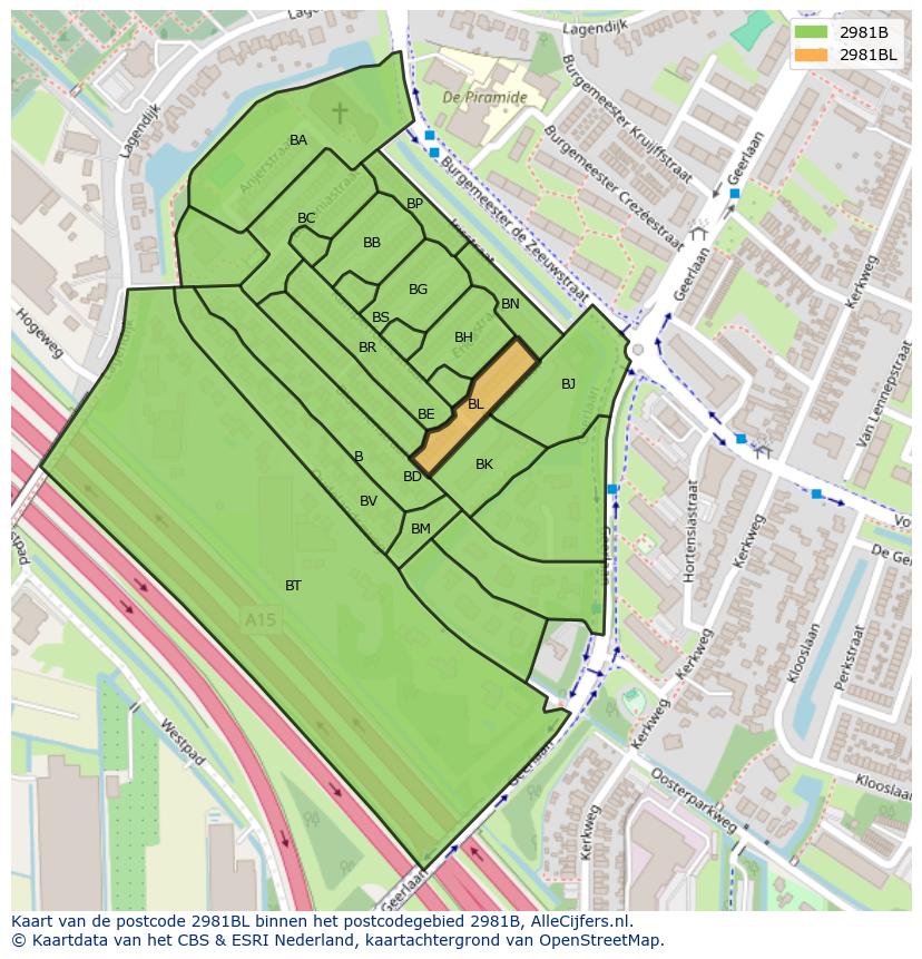 Afbeelding van het postcodegebied 2981 BL op de kaart.