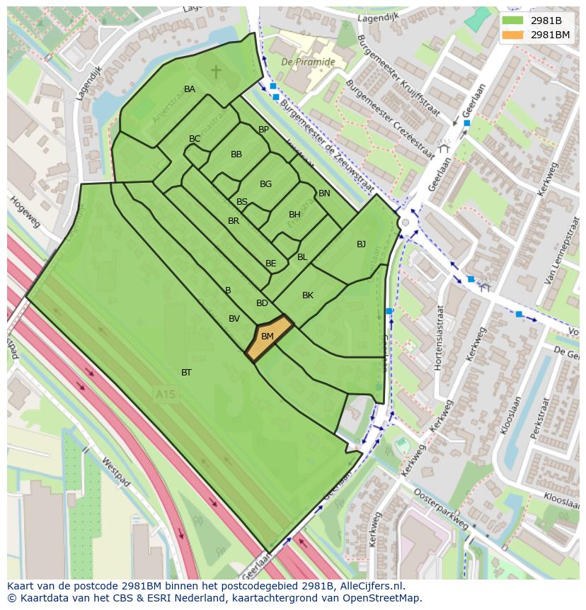 Afbeelding van het postcodegebied 2981 BM op de kaart.
