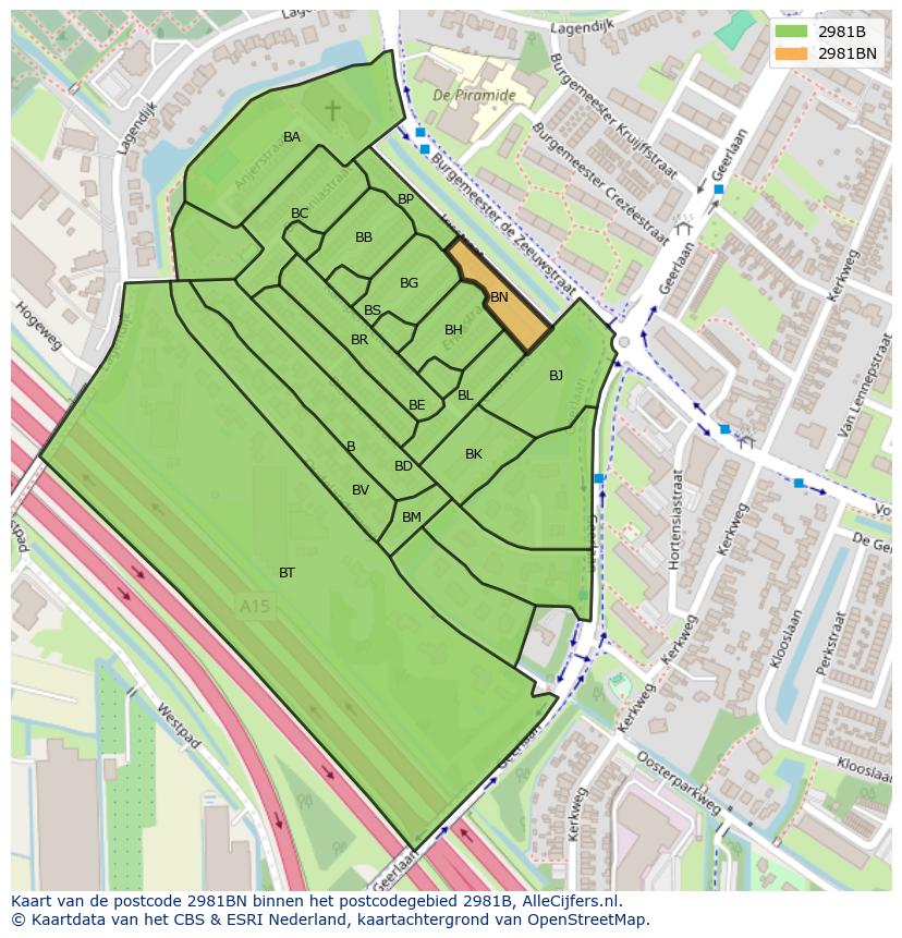 Afbeelding van het postcodegebied 2981 BN op de kaart.