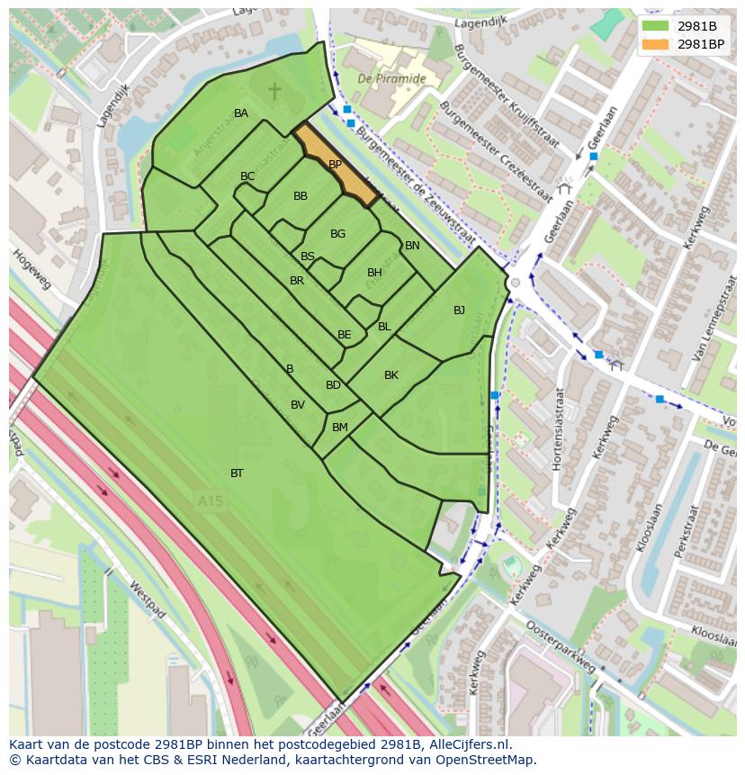 Afbeelding van het postcodegebied 2981 BP op de kaart.