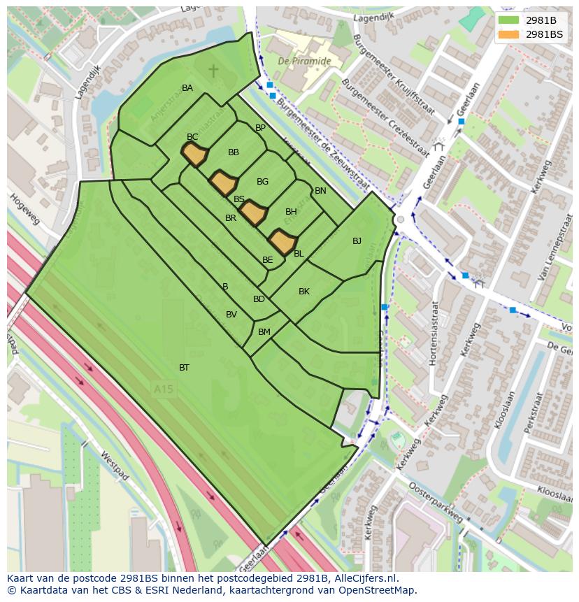 Afbeelding van het postcodegebied 2981 BS op de kaart.