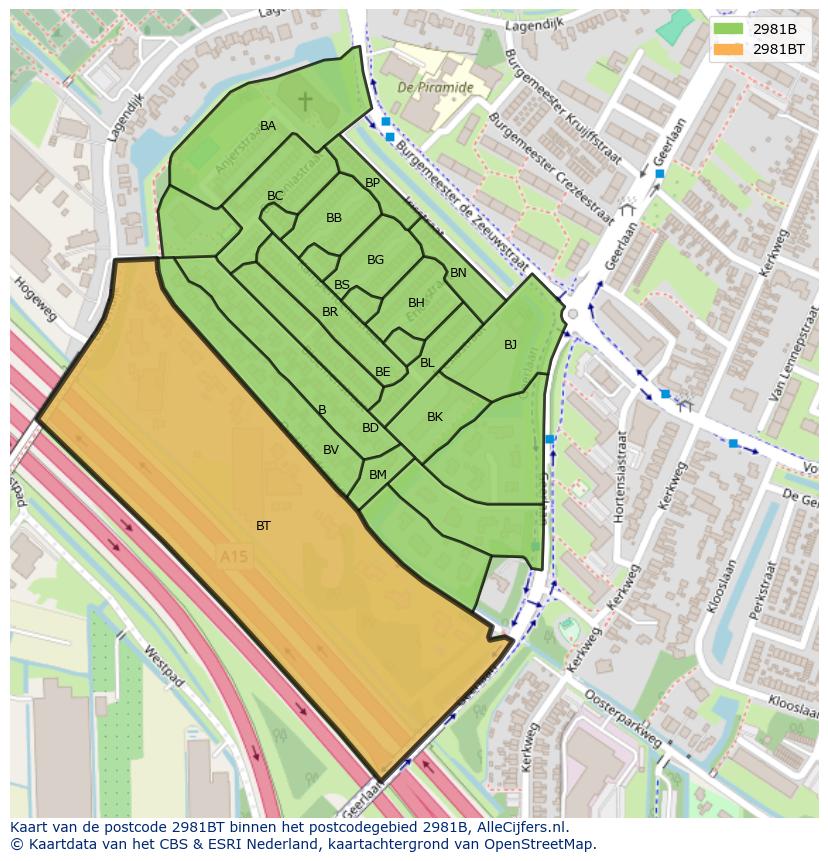 Afbeelding van het postcodegebied 2981 BT op de kaart.