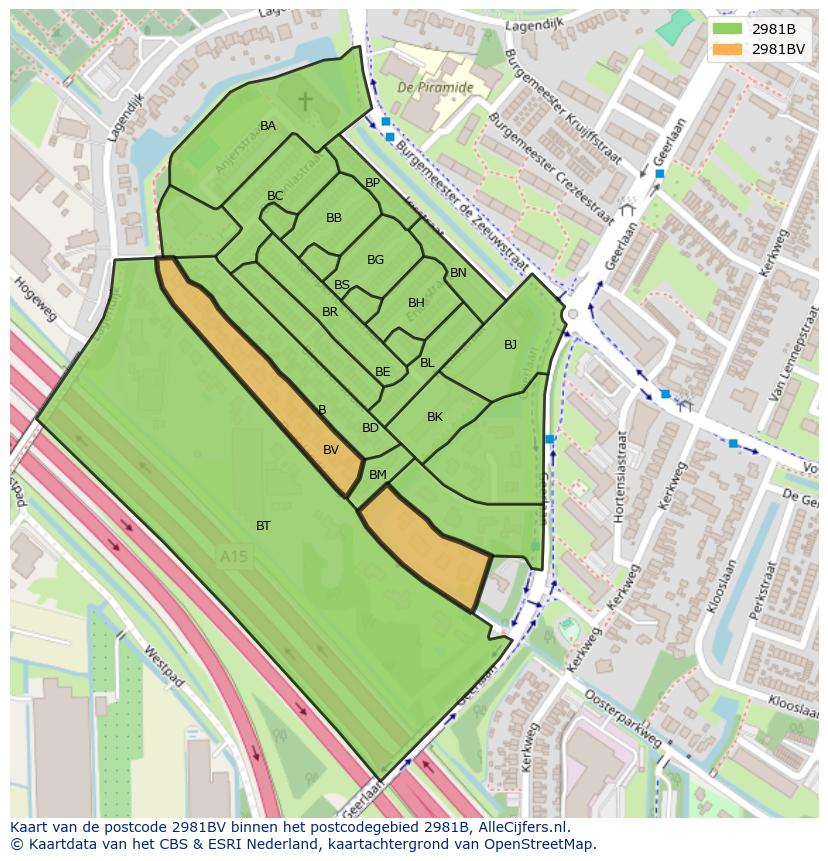 Afbeelding van het postcodegebied 2981 BV op de kaart.