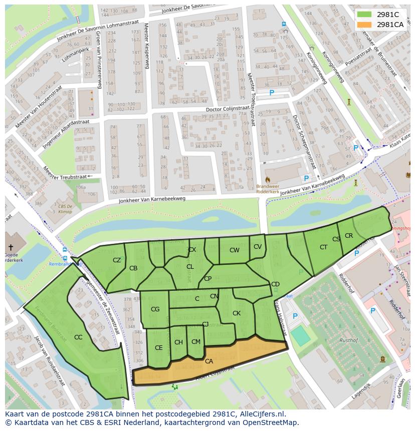 Afbeelding van het postcodegebied 2981 CA op de kaart.