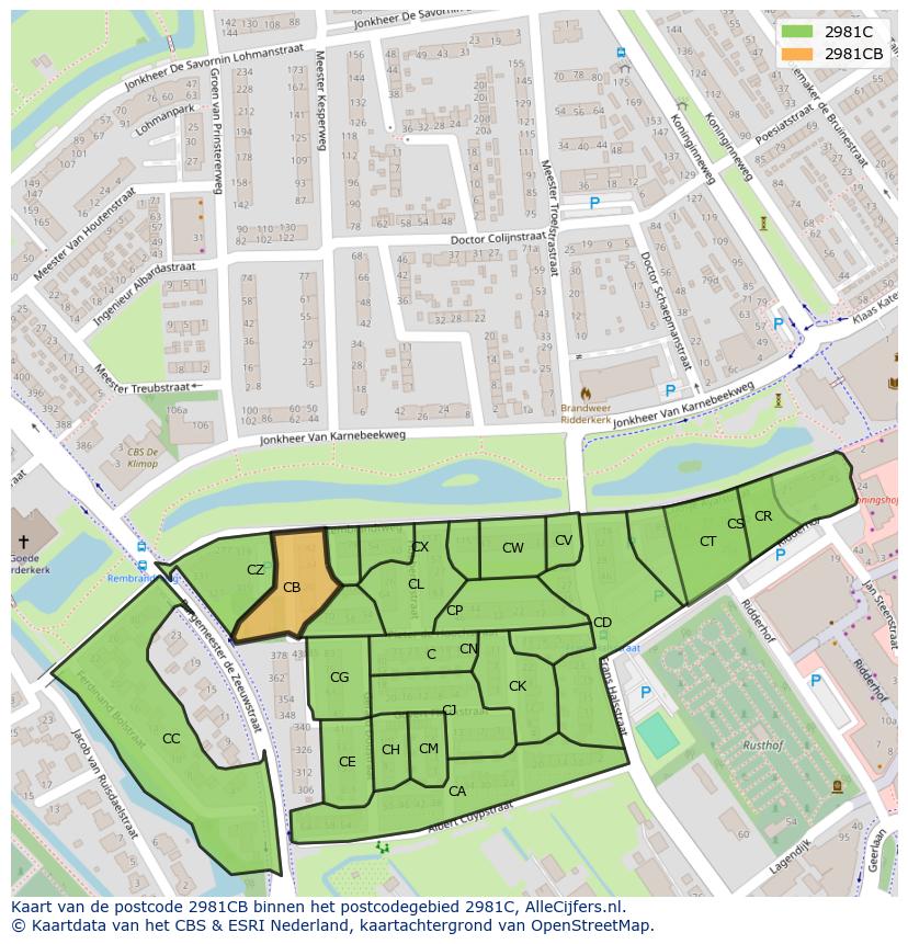 Afbeelding van het postcodegebied 2981 CB op de kaart.