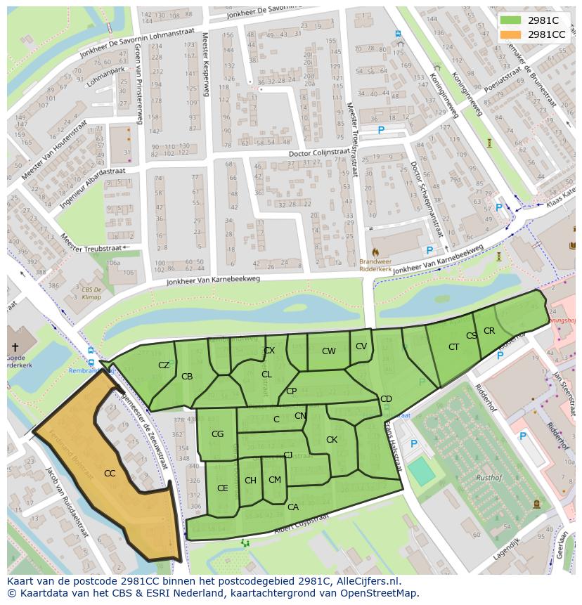 Afbeelding van het postcodegebied 2981 CC op de kaart.