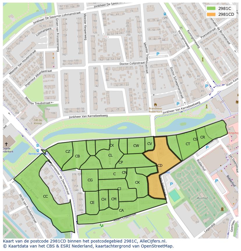 Afbeelding van het postcodegebied 2981 CD op de kaart.