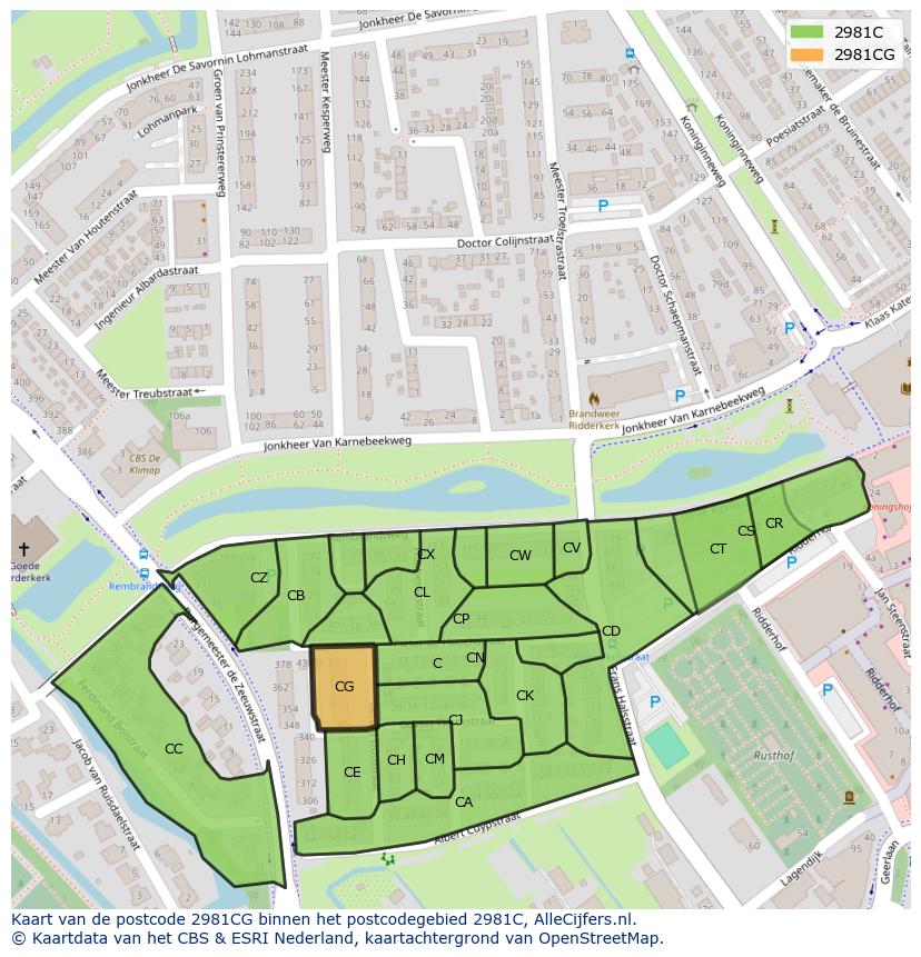 Afbeelding van het postcodegebied 2981 CG op de kaart.