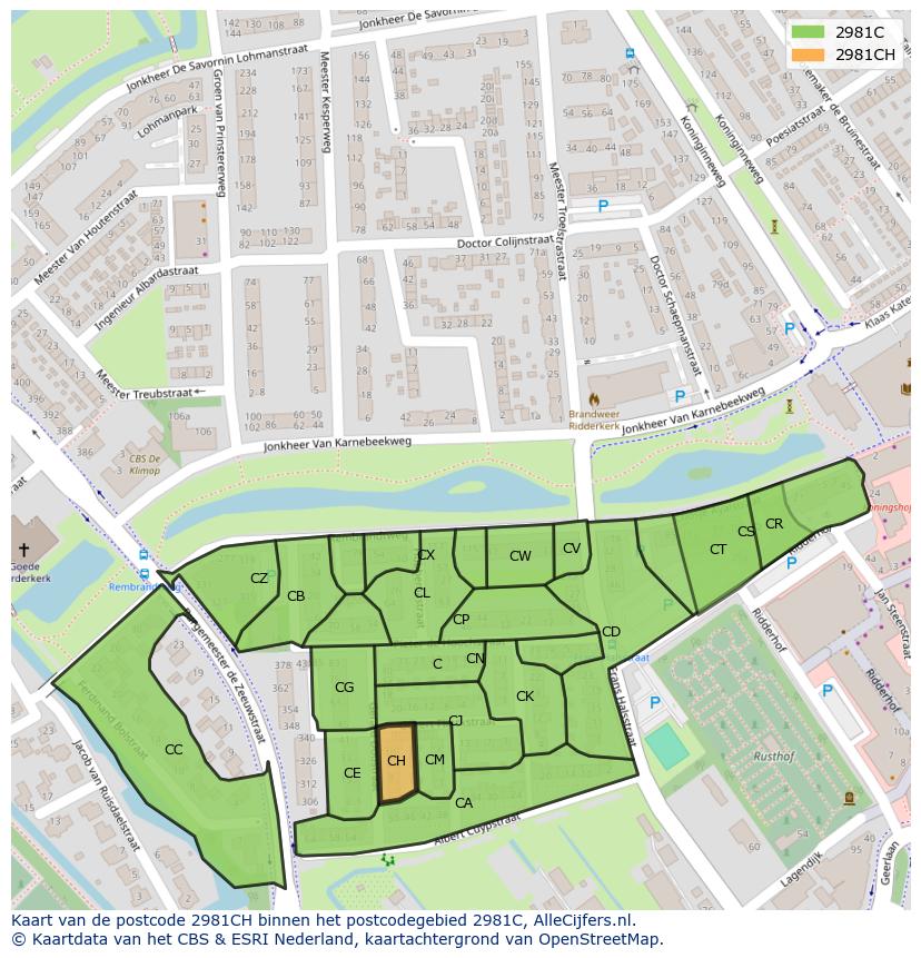 Afbeelding van het postcodegebied 2981 CH op de kaart.