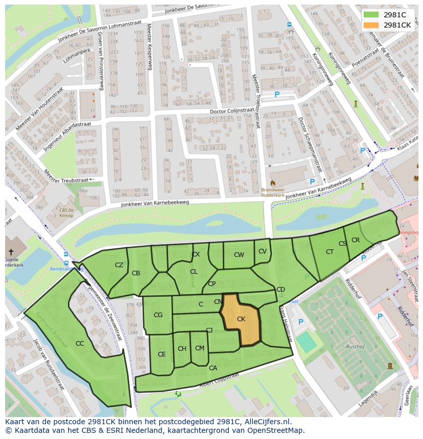 Afbeelding van het postcodegebied 2981 CK op de kaart.