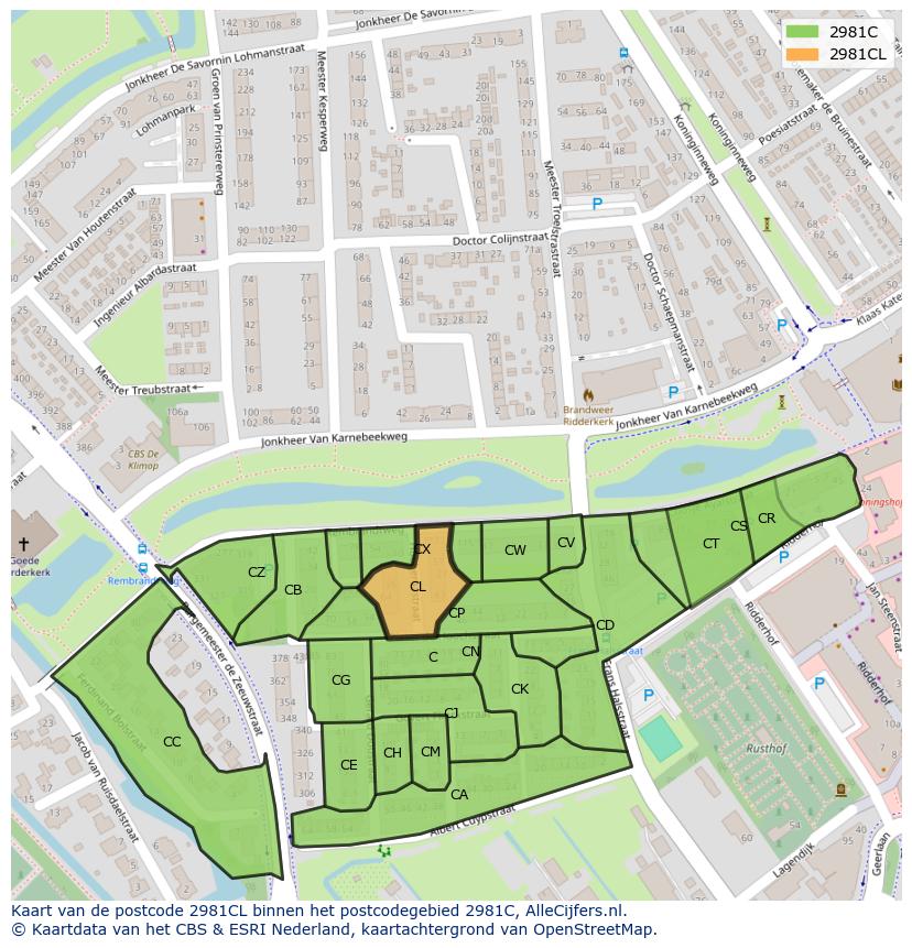 Afbeelding van het postcodegebied 2981 CL op de kaart.