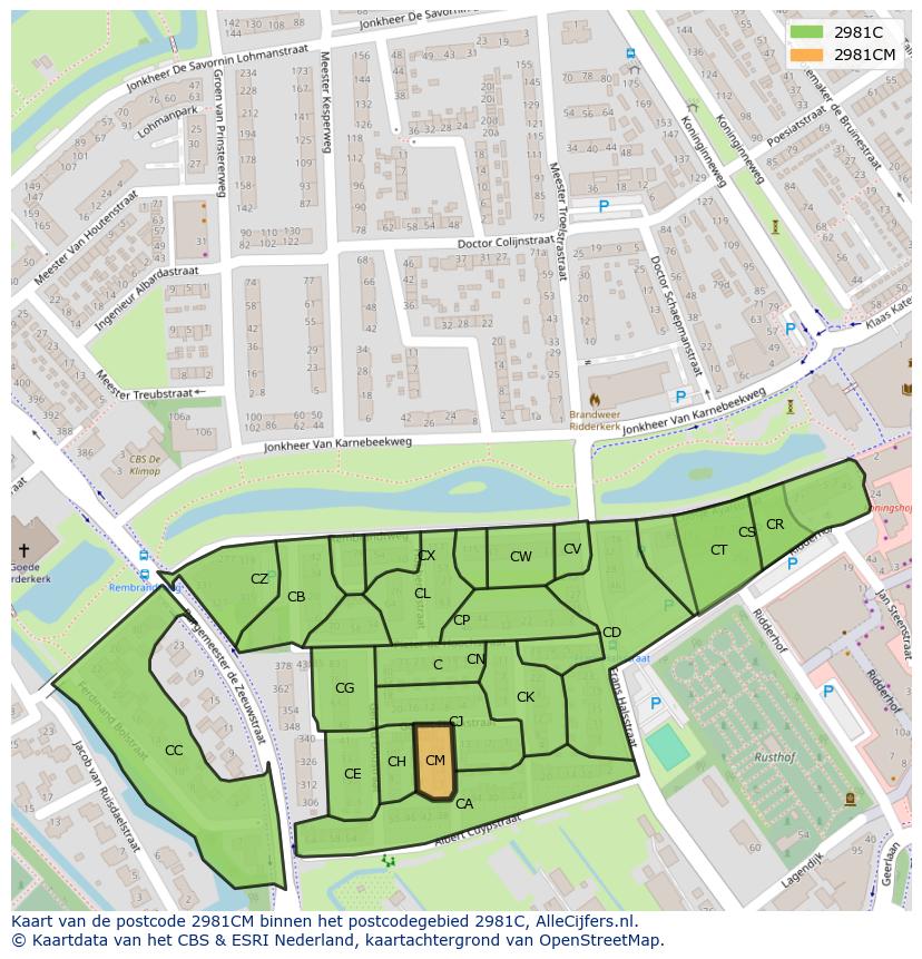 Afbeelding van het postcodegebied 2981 CM op de kaart.