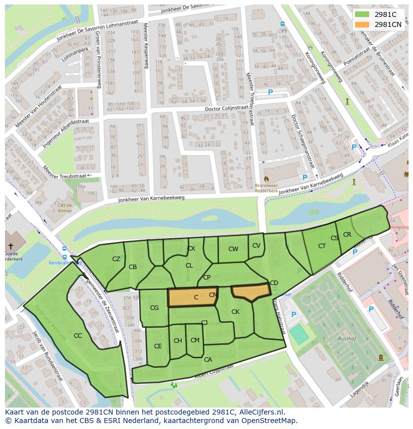 Afbeelding van het postcodegebied 2981 CN op de kaart.