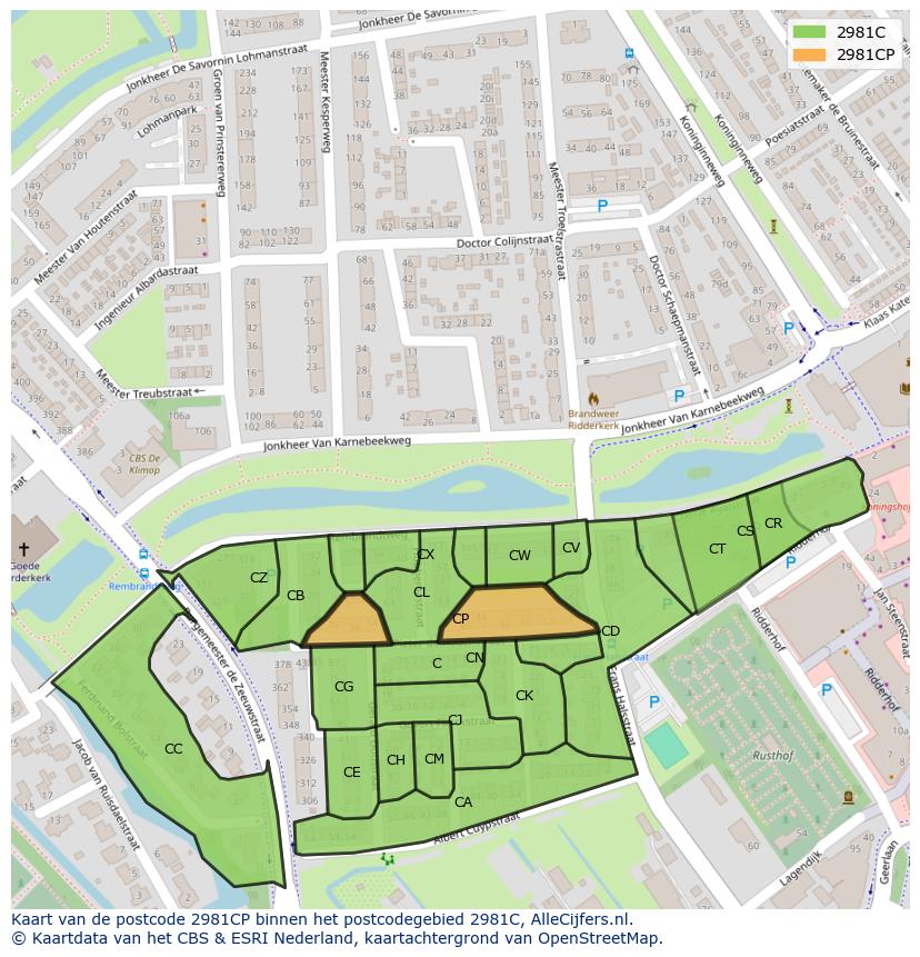 Afbeelding van het postcodegebied 2981 CP op de kaart.