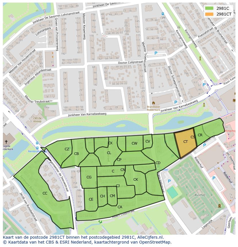Afbeelding van het postcodegebied 2981 CT op de kaart.