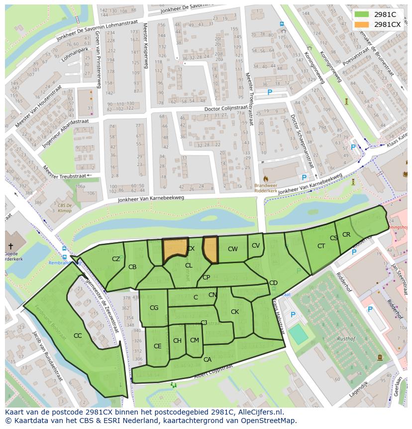 Afbeelding van het postcodegebied 2981 CX op de kaart.