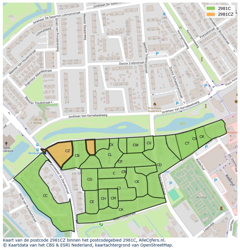 Afbeelding van het postcodegebied 2981 CZ op de kaart.