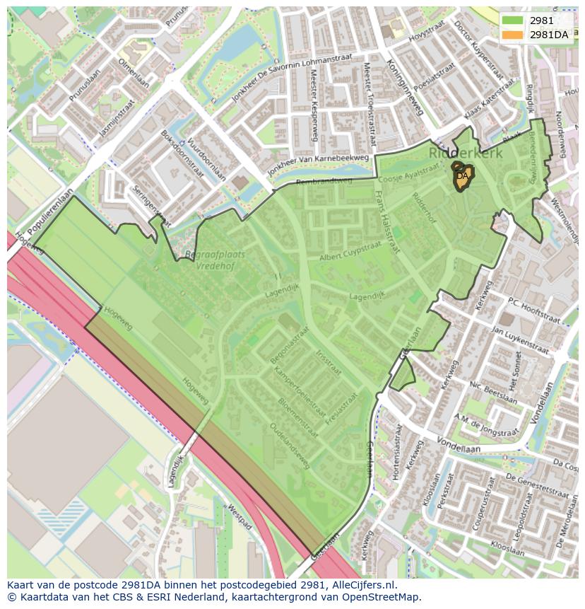 Afbeelding van het postcodegebied 2981 DA op de kaart.