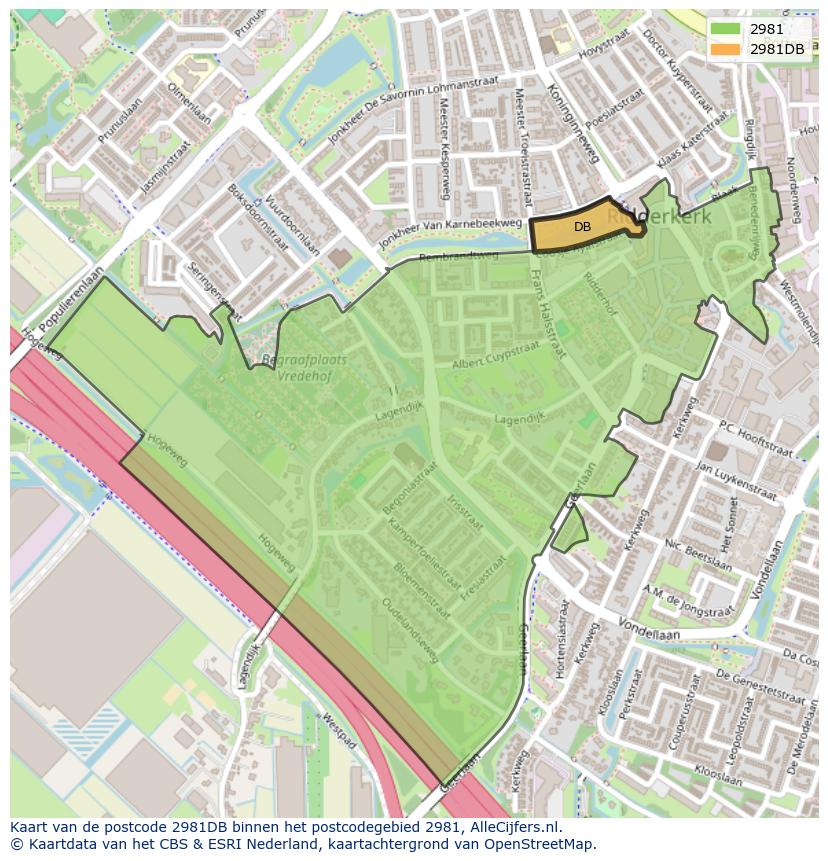 Afbeelding van het postcodegebied 2981 DB op de kaart.