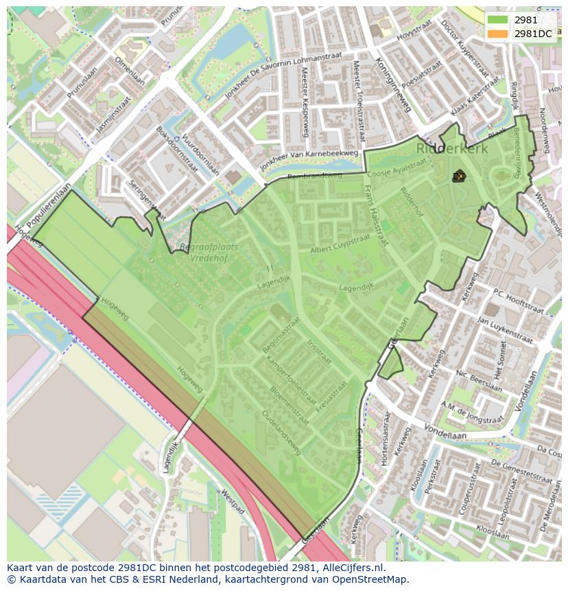 Afbeelding van het postcodegebied 2981 DC op de kaart.