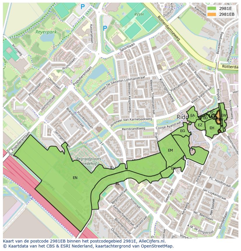 Afbeelding van het postcodegebied 2981 EB op de kaart.