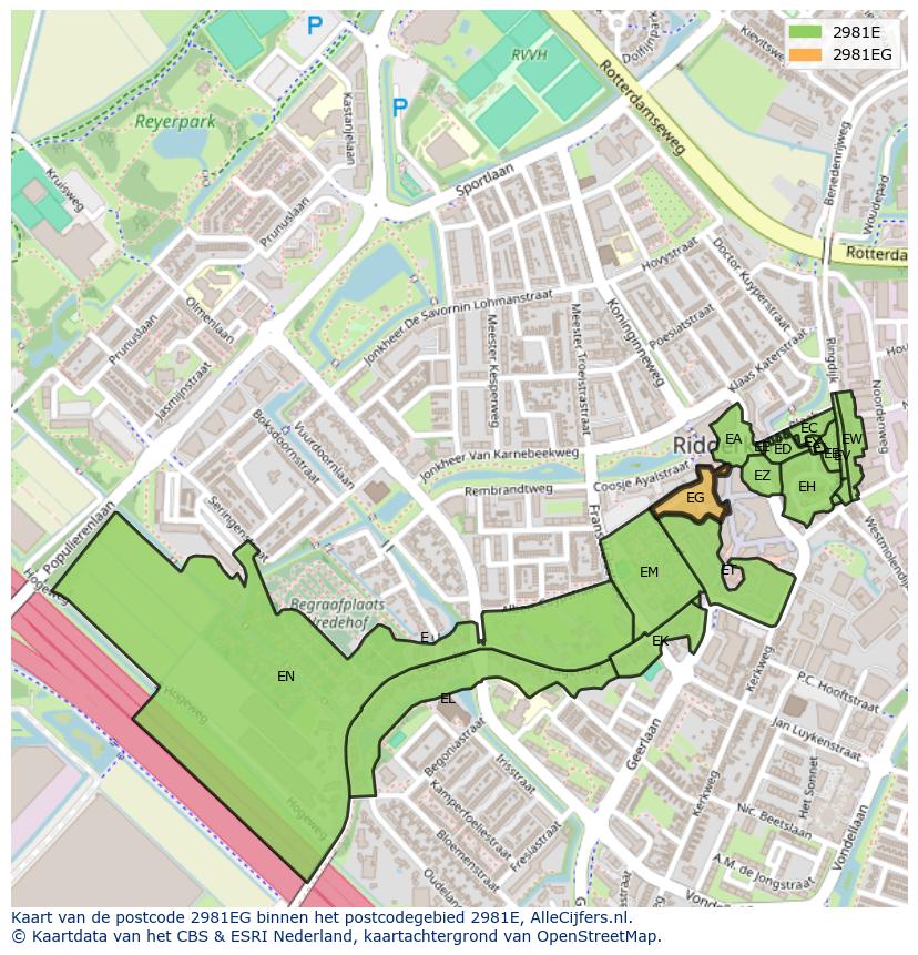 Afbeelding van het postcodegebied 2981 EG op de kaart.