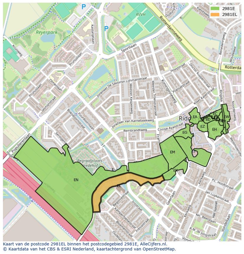 Afbeelding van het postcodegebied 2981 EL op de kaart.