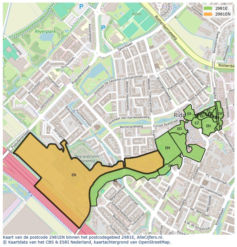 Afbeelding van het postcodegebied 2981 EN op de kaart.