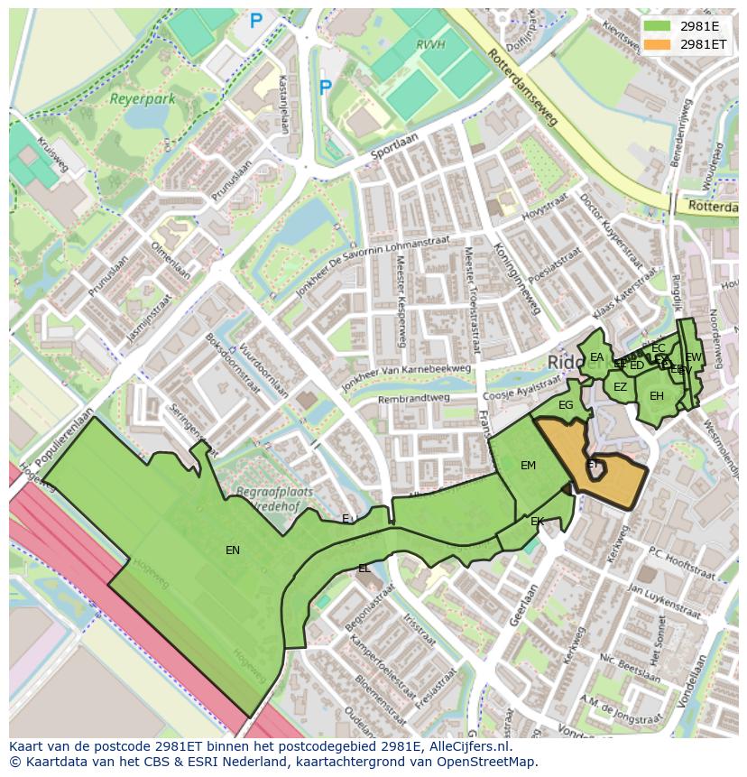 Afbeelding van het postcodegebied 2981 ET op de kaart.