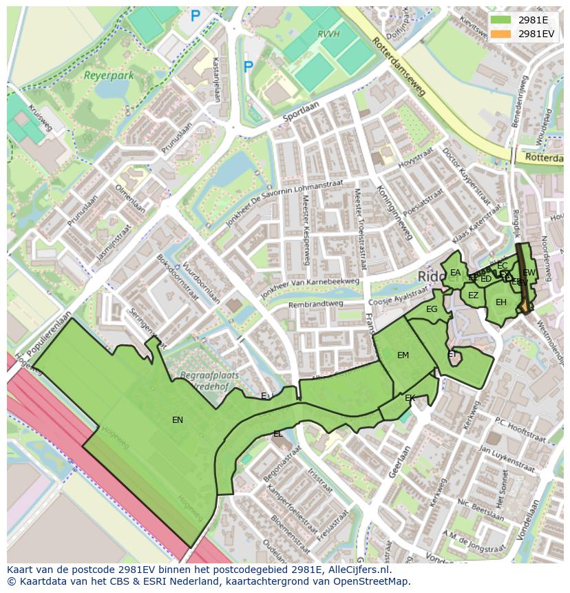 Afbeelding van het postcodegebied 2981 EV op de kaart.