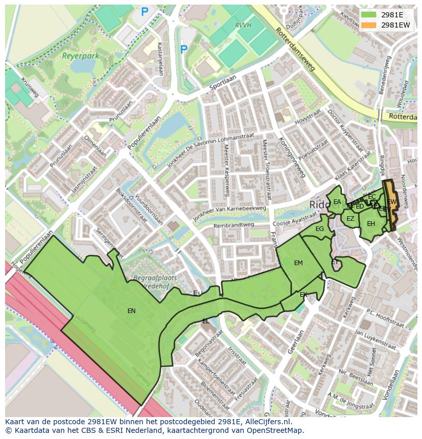 Afbeelding van het postcodegebied 2981 EW op de kaart.