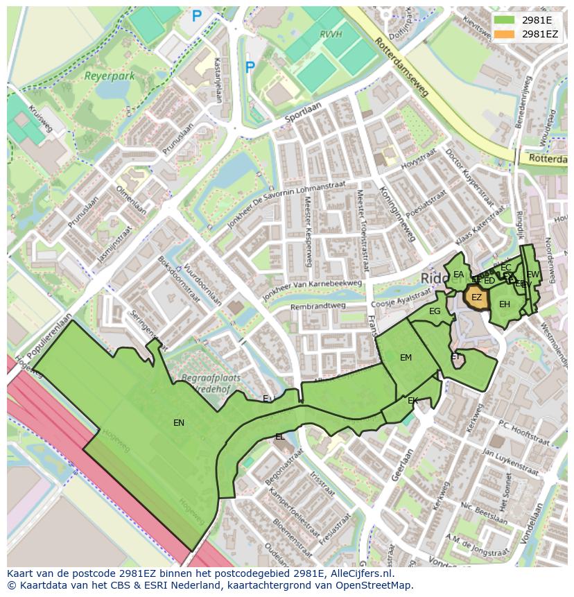 Afbeelding van het postcodegebied 2981 EZ op de kaart.
