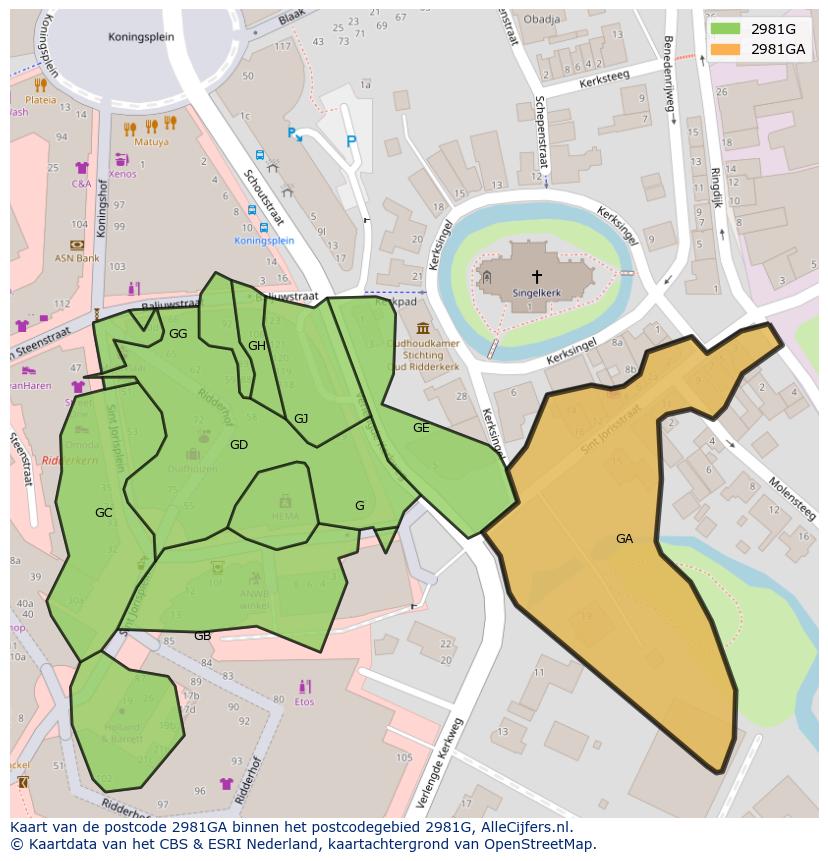 Afbeelding van het postcodegebied 2981 GA op de kaart.
