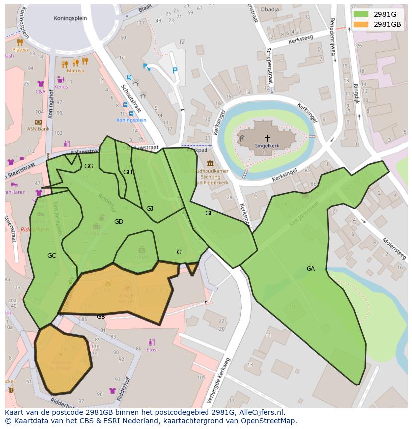 Afbeelding van het postcodegebied 2981 GB op de kaart.