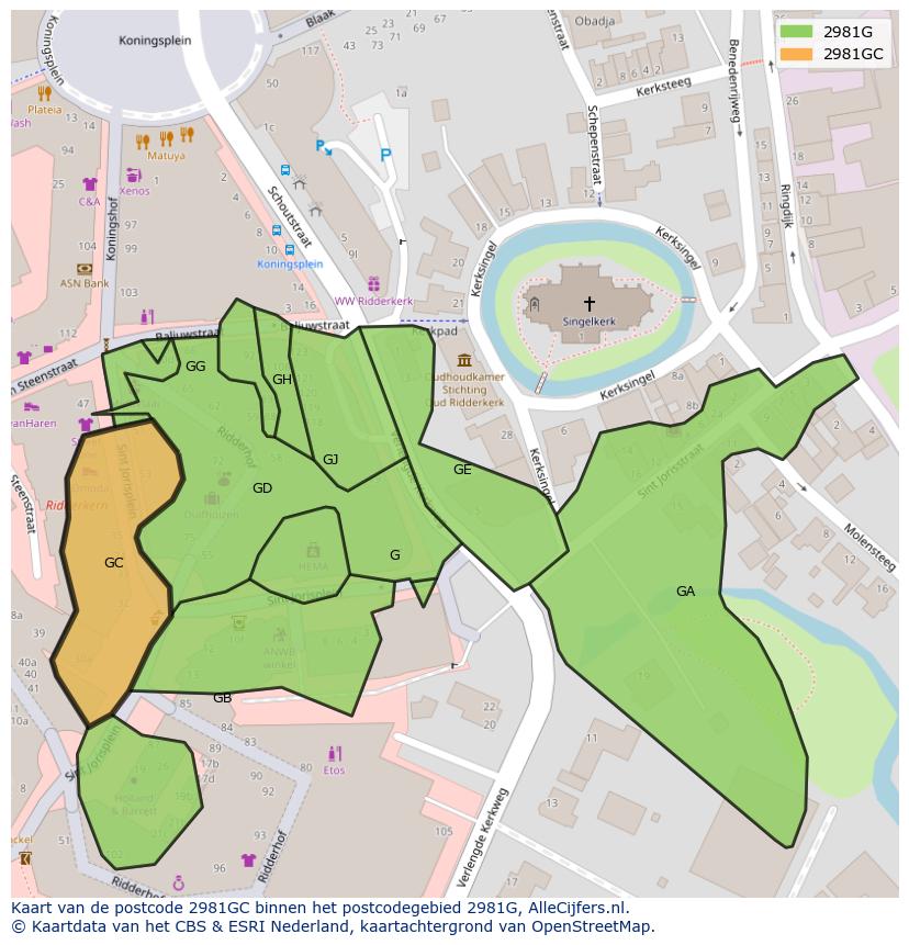 Afbeelding van het postcodegebied 2981 GC op de kaart.