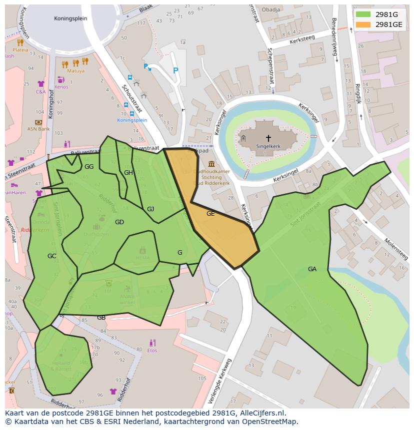 Afbeelding van het postcodegebied 2981 GE op de kaart.