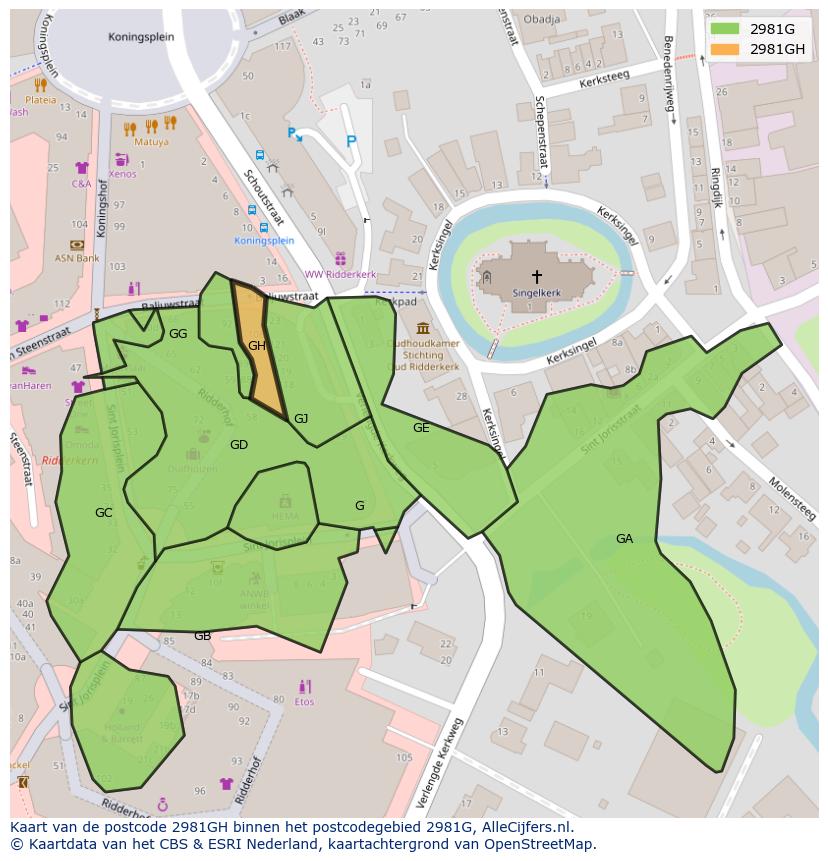 Afbeelding van het postcodegebied 2981 GH op de kaart.