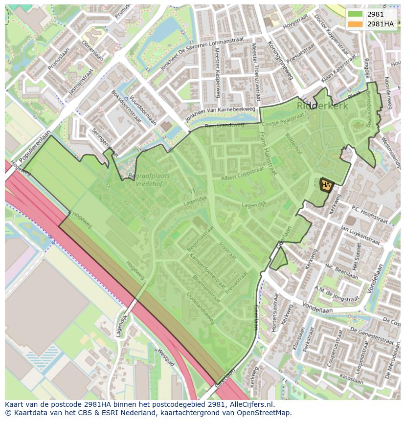Afbeelding van het postcodegebied 2981 HA op de kaart.