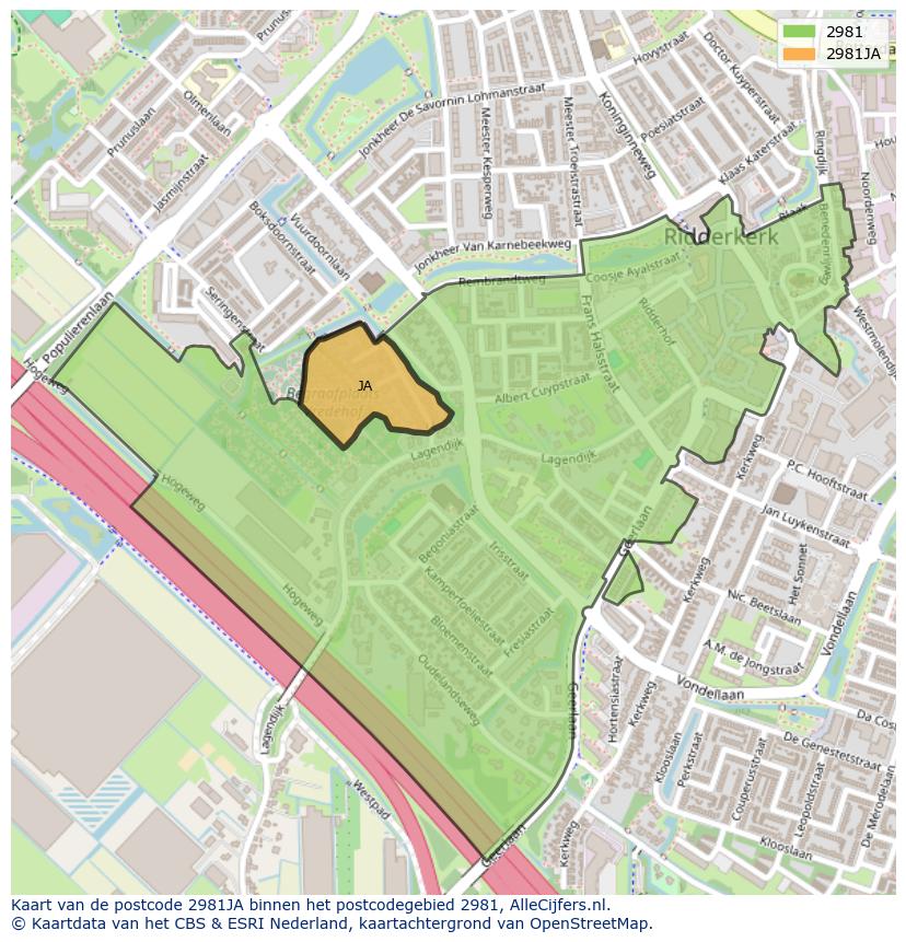 Afbeelding van het postcodegebied 2981 JA op de kaart.