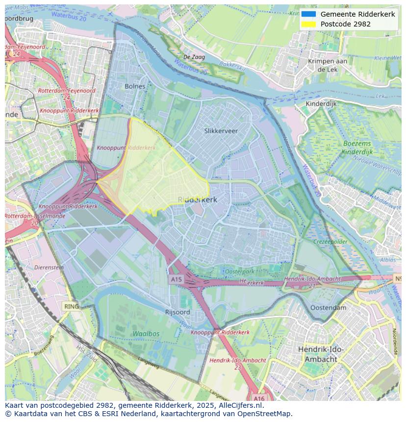 Afbeelding van het postcodegebied 2982 op de kaart.