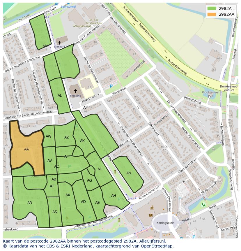 Afbeelding van het postcodegebied 2982 AA op de kaart.