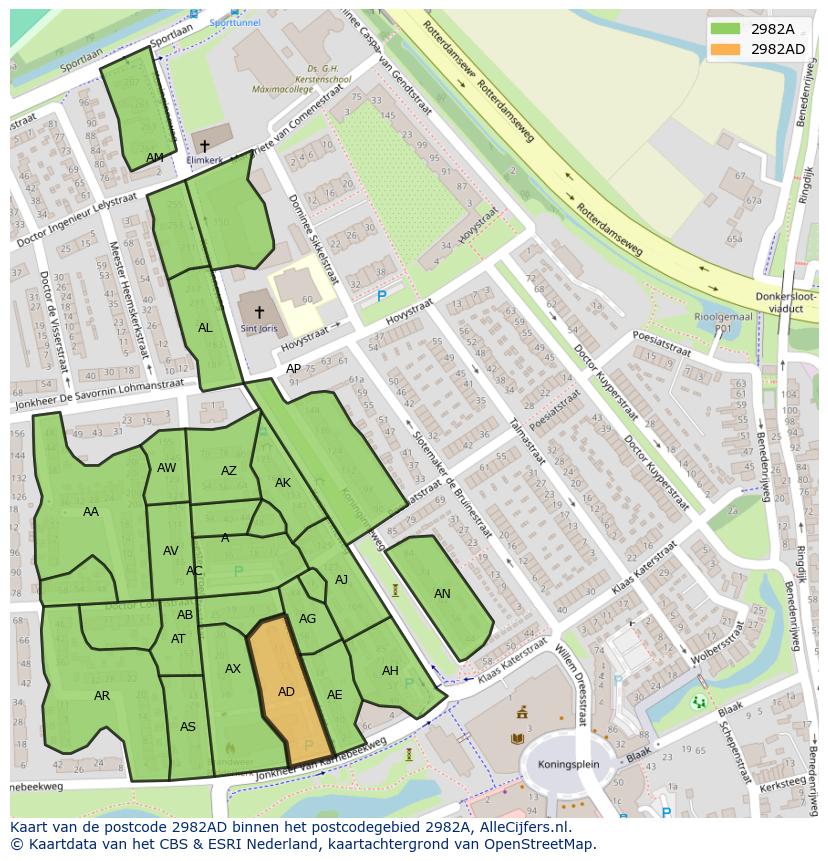 Afbeelding van het postcodegebied 2982 AD op de kaart.