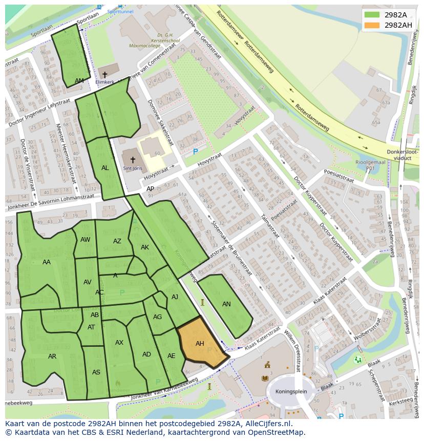 Afbeelding van het postcodegebied 2982 AH op de kaart.