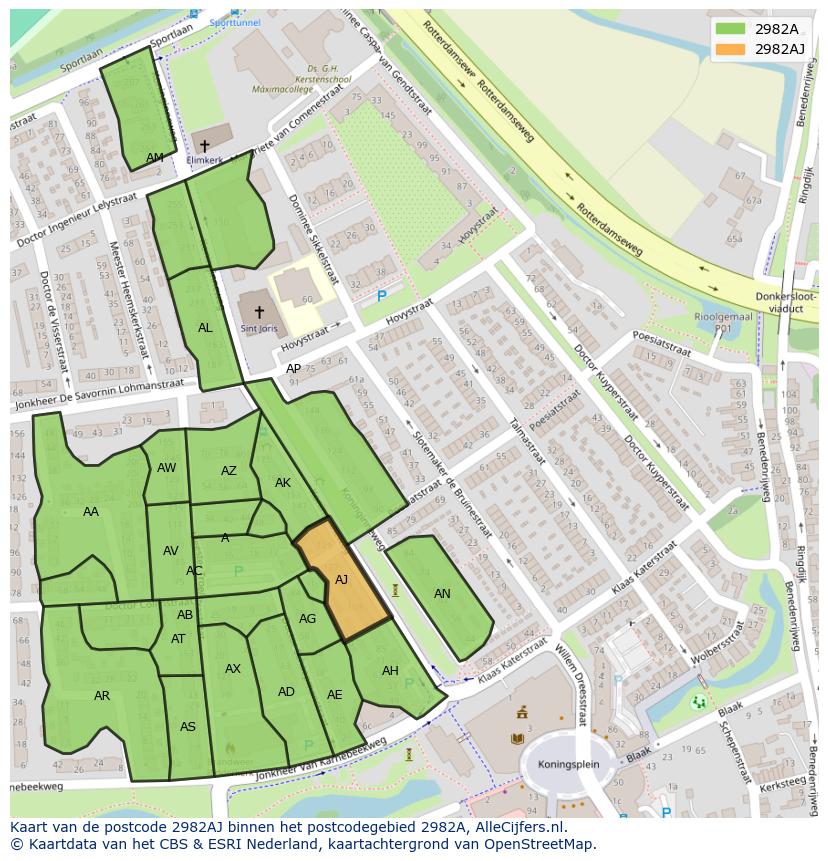 Afbeelding van het postcodegebied 2982 AJ op de kaart.