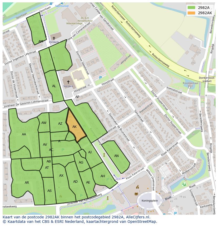 Afbeelding van het postcodegebied 2982 AK op de kaart.