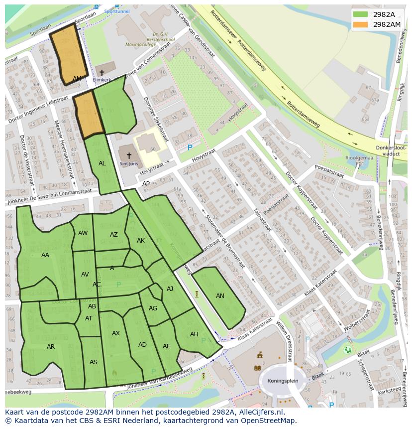 Afbeelding van het postcodegebied 2982 AM op de kaart.