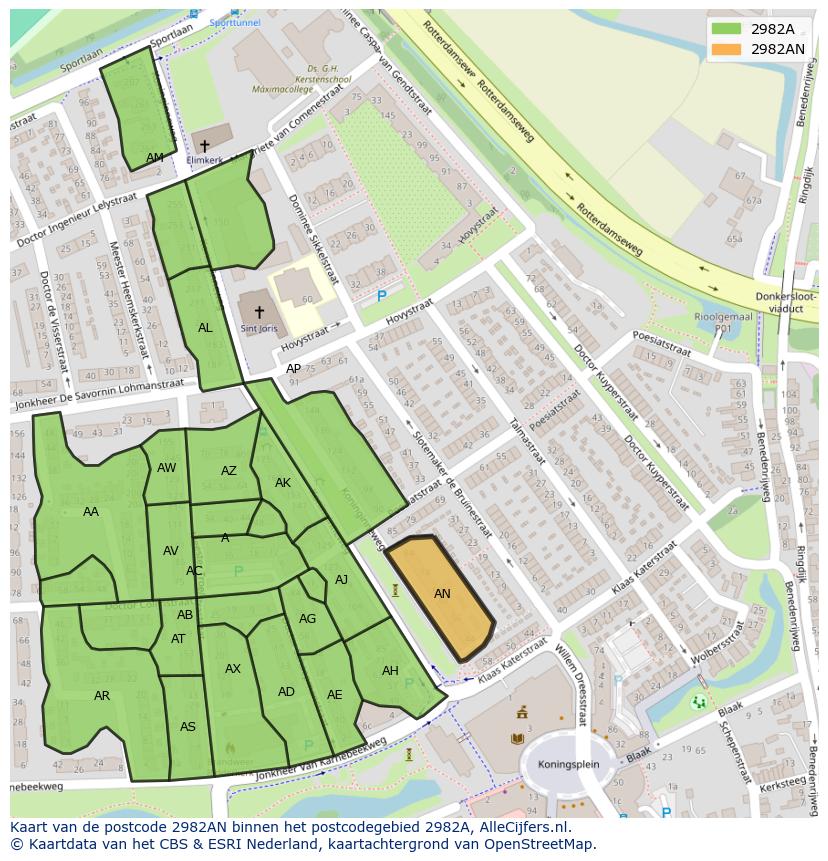 Afbeelding van het postcodegebied 2982 AN op de kaart.
