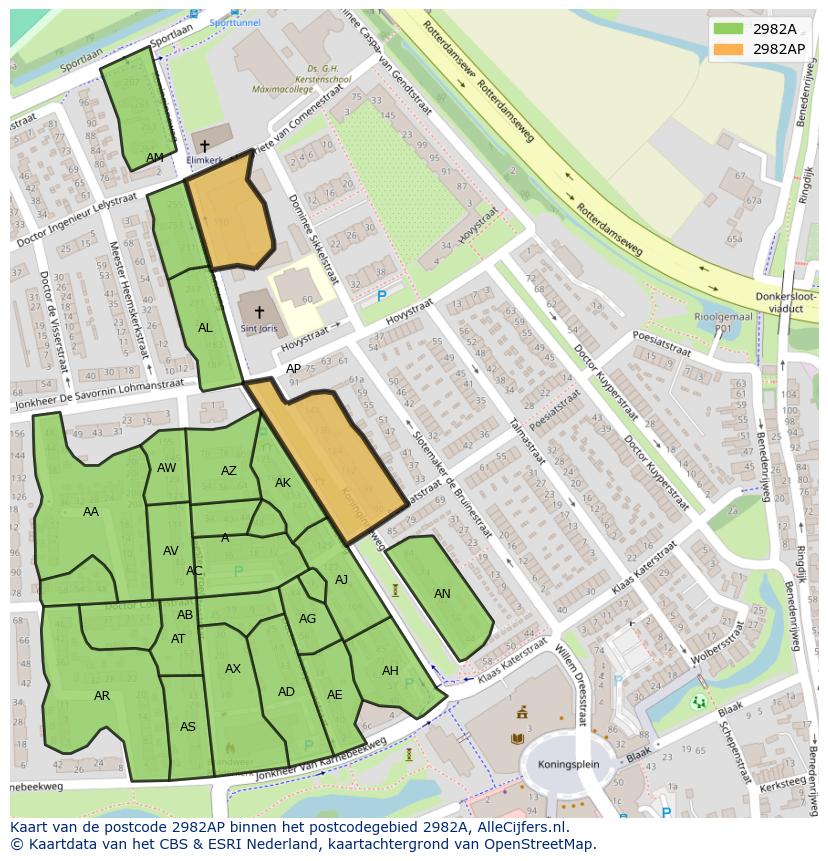 Afbeelding van het postcodegebied 2982 AP op de kaart.